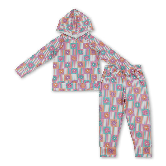 Colorful stripe floral plaid hoodie pants girls clothing set