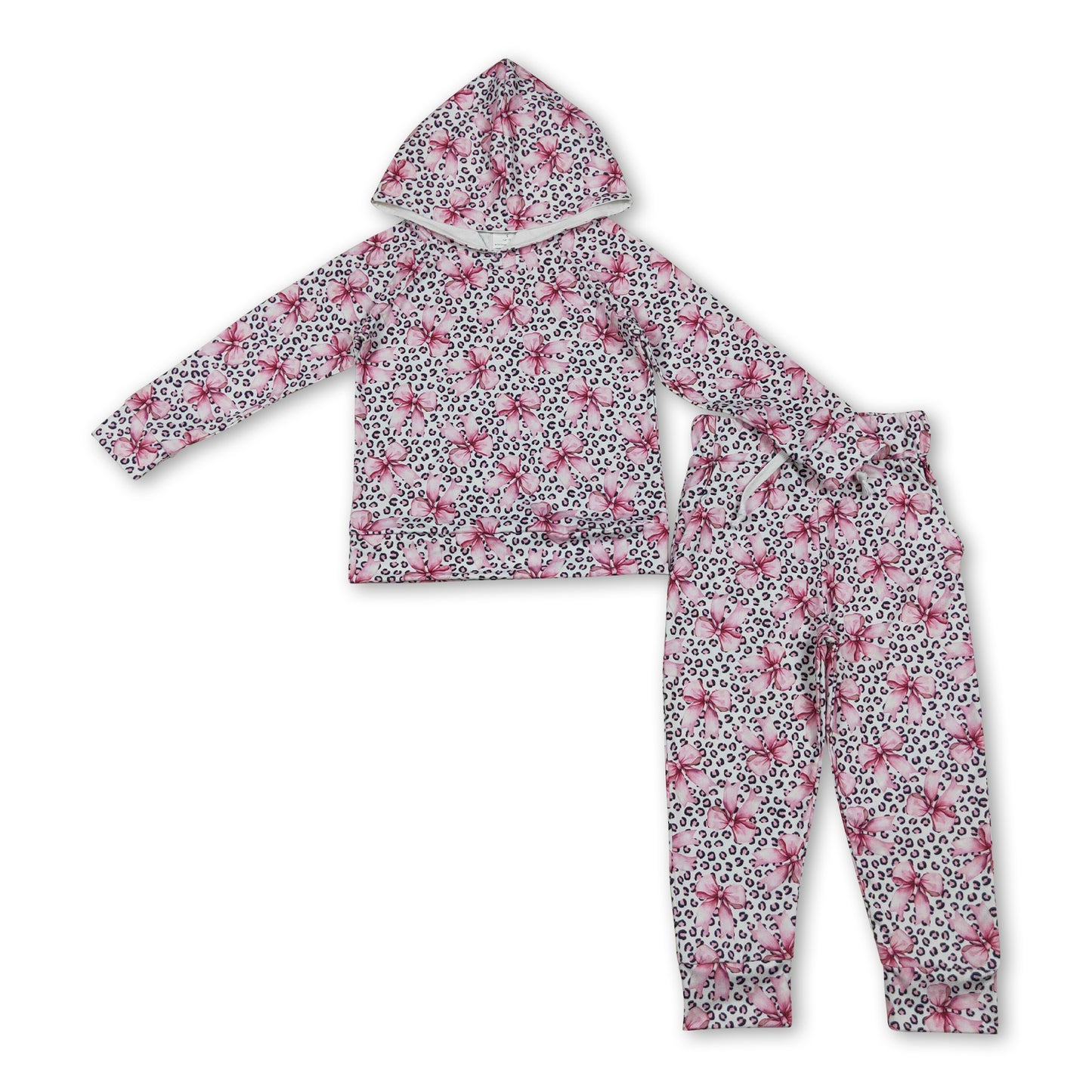 Long sleeves leopard pink bow hoodie pants girls clothing
