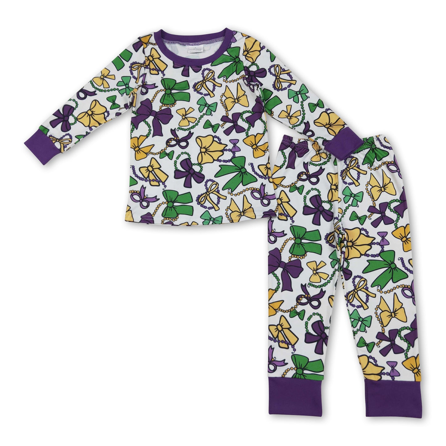 purple green yellow bows kids girls mardi gras  pajamas