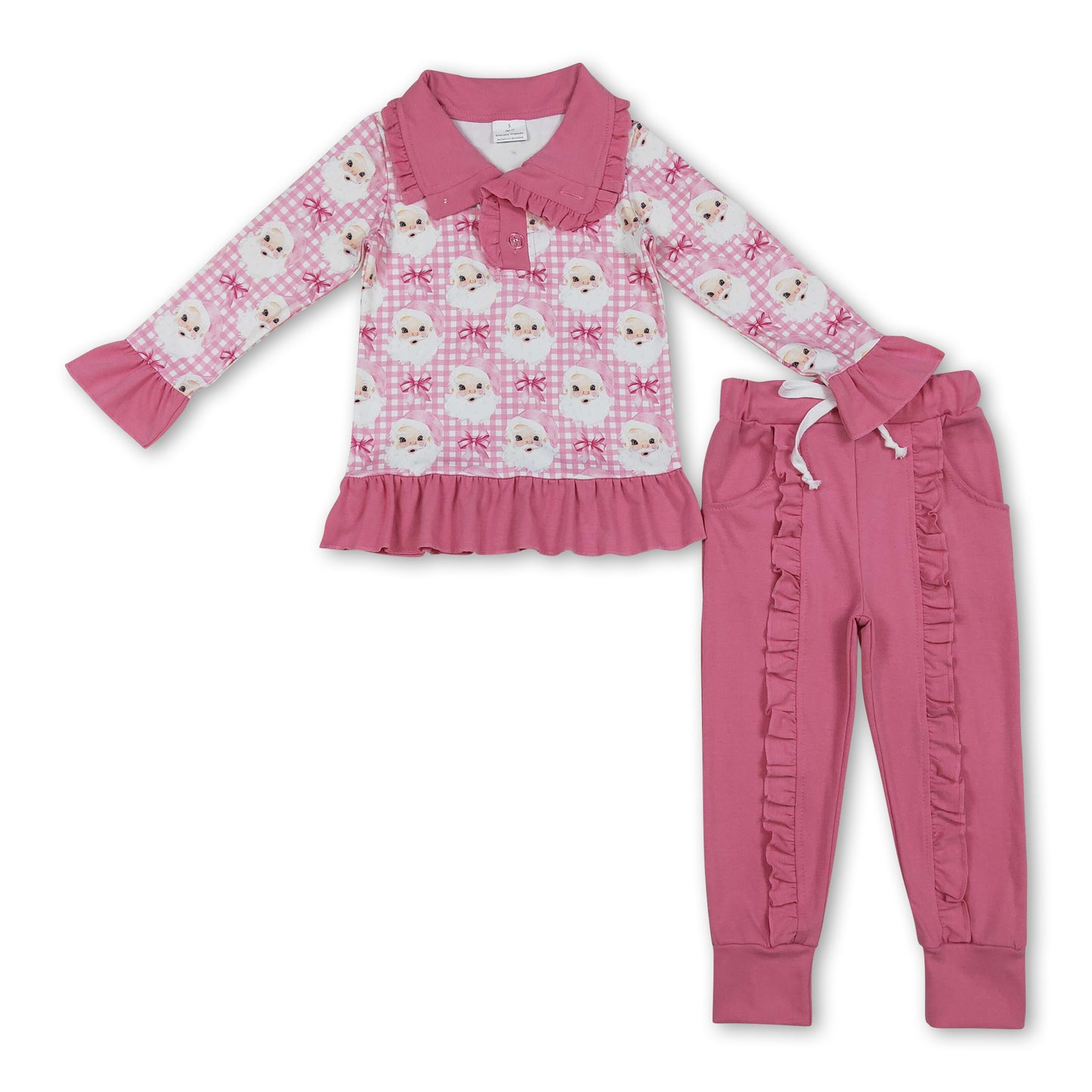 Pink plaid santa bow pullover ruffle pants girls Christmas set
