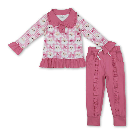 Pink plaid santa bow pullover ruffle pants girls Christmas set