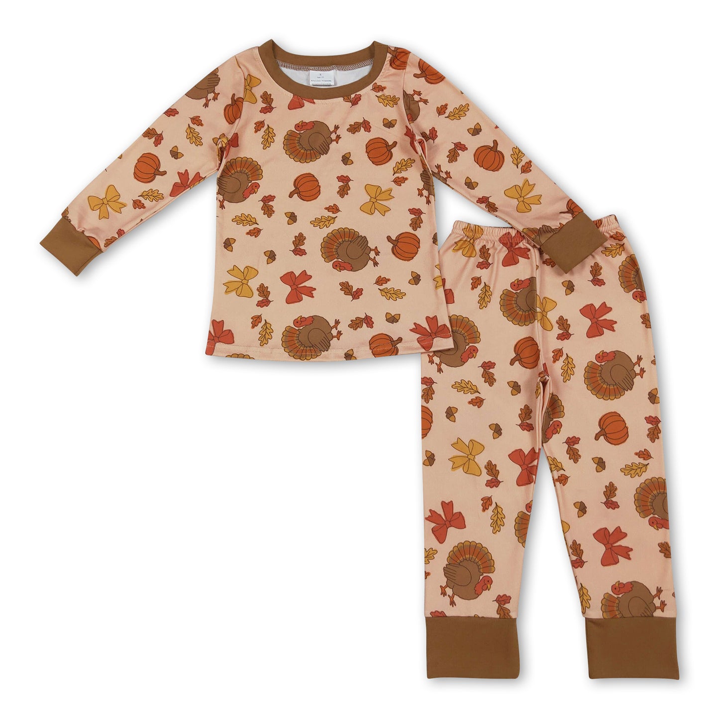 Turkey pumpkin bow kids girls Thanksgiving day pajamas