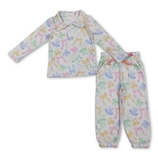 Colorful bow zipper pullover pants girls clothing set