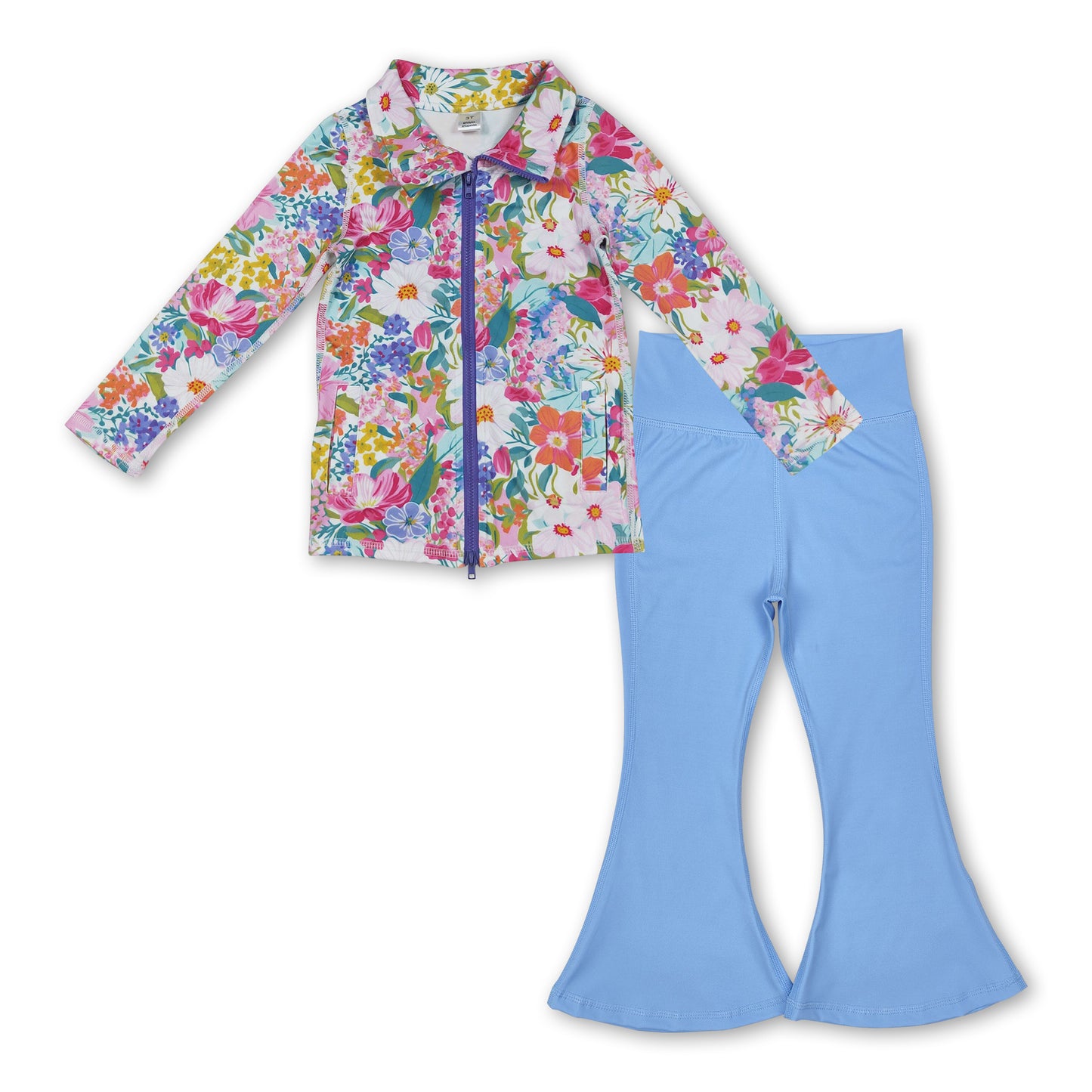 flowers zip jacket blue pants girls yoga clothes