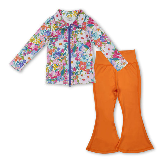 flowers zip jacket orange pants girls yoga clothes