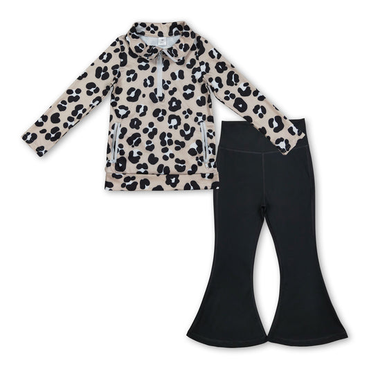 Leopard zip pullover black pants girls yoga clothing set