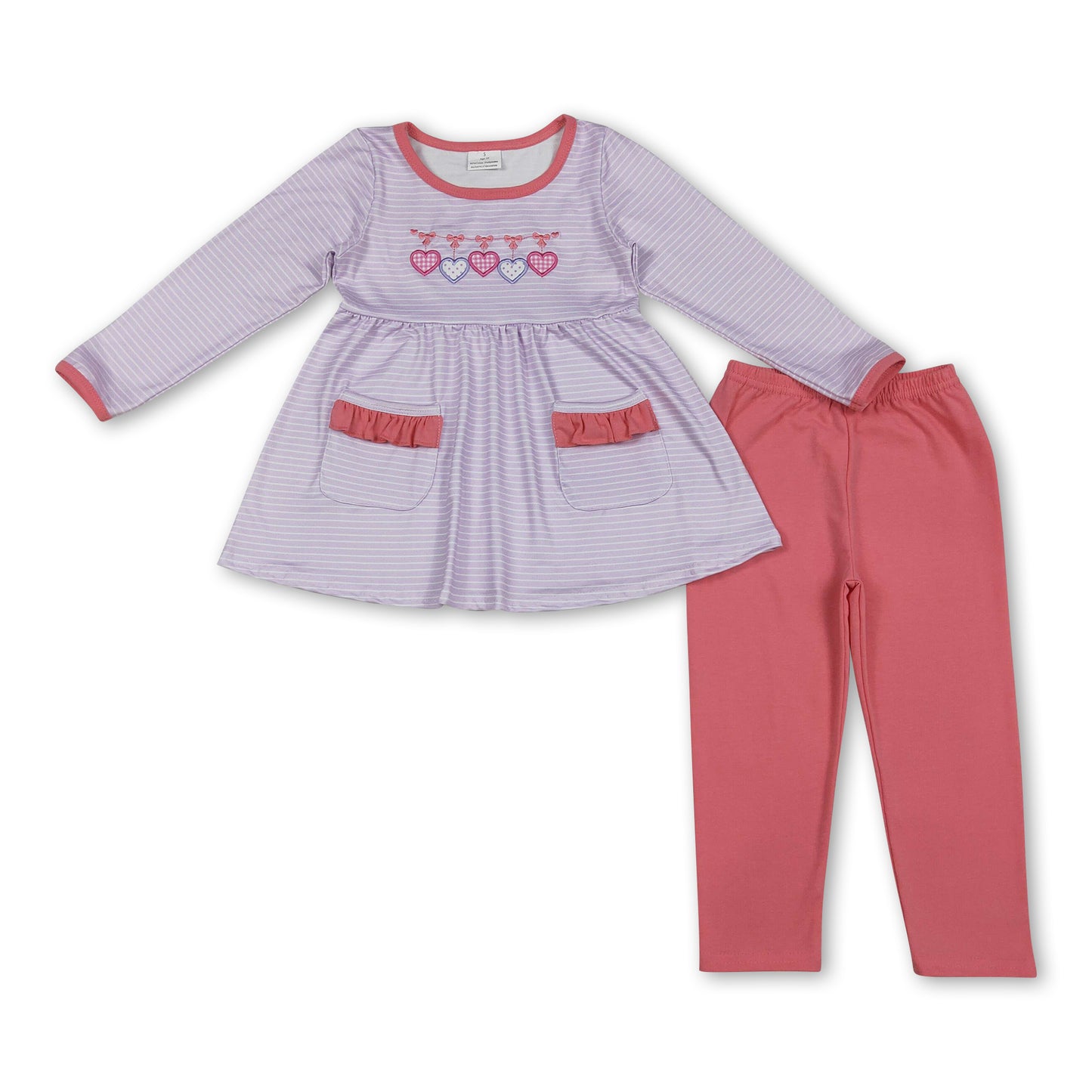 Long sleeves heart stripe tunic leggings girls valentine's set