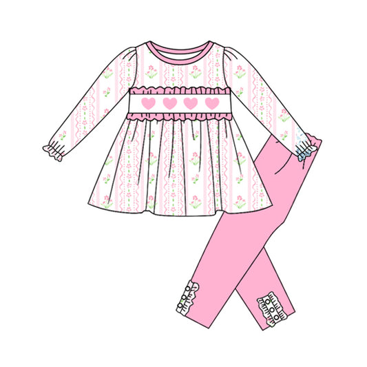 pink flowers heart print pink pants girls long sleeve outfits