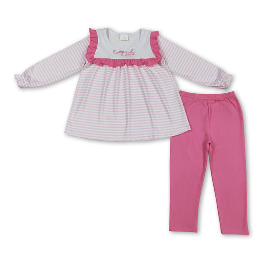 Pink stripe bow embroidery loved girls valentine's day outfits