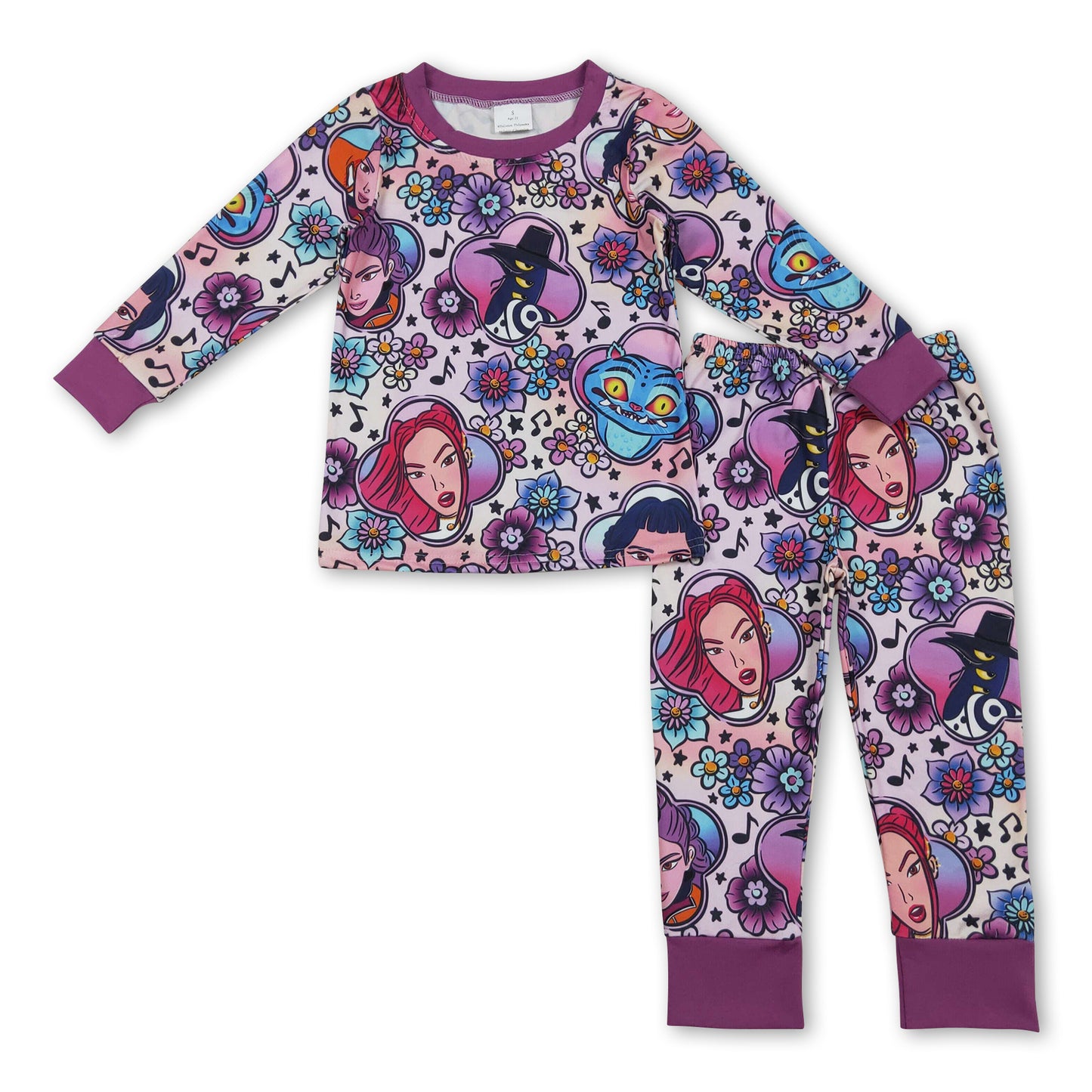 Purple long sleeves tiger floral music girls pajamas set
