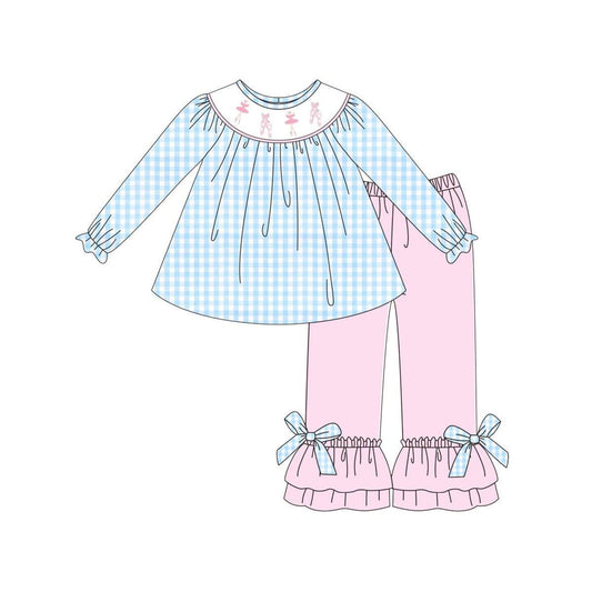 blue plaid print girls long sleeve set