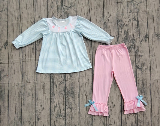 blue plaid print girls long sleeve set
