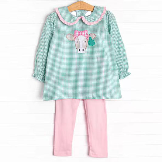 green plaid print girls long sleeve set