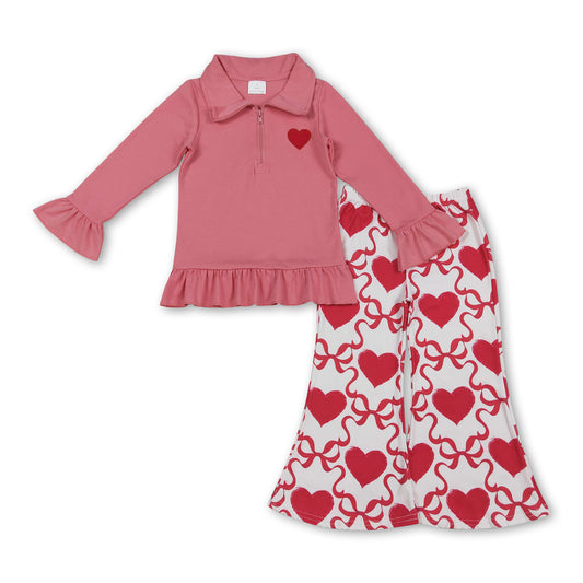 Red heart bows kids girls zipper valentine clothing set