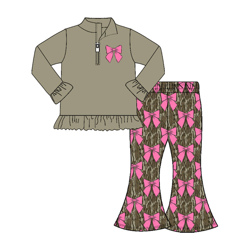 pink  bows kids girls zipper camo set