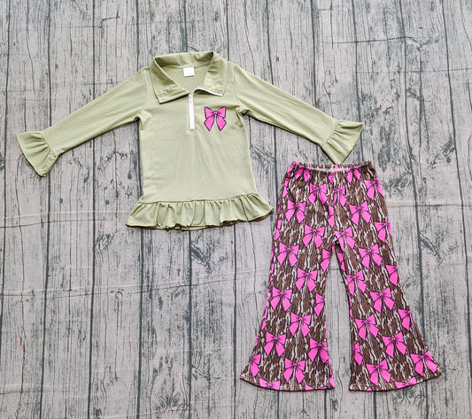 pink  bows kids girls zipper camo set