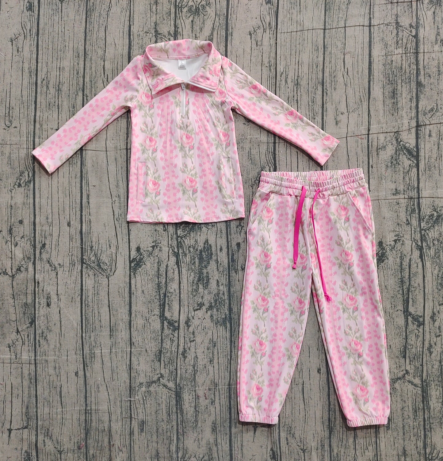 pink flowers girls pocket fall yoga pink set