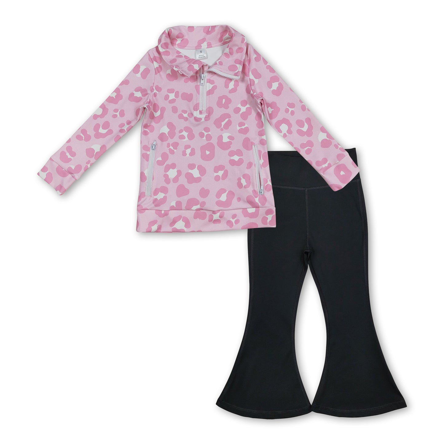 pink leopard zipper girls pocket pullover match black pants