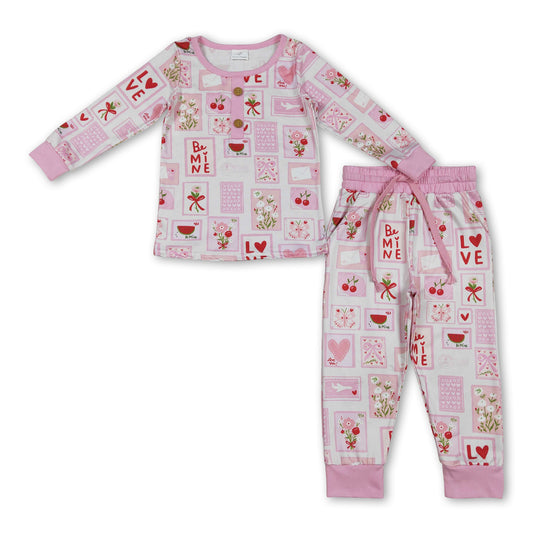 pink love pattern print girls long sleeve valentine set