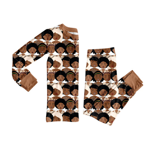 brown pattern print girls long sleeve pajamas