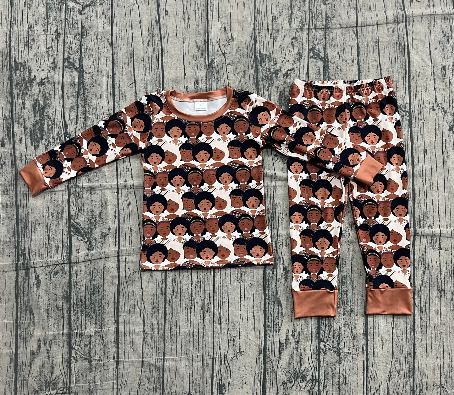 brown pattern print girls long sleeve pajamas
