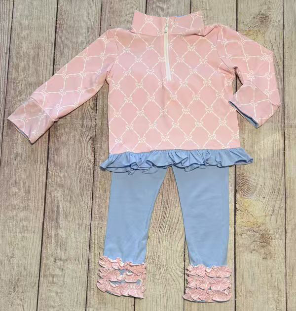 pink bows girl long sleeve zipper pullover set