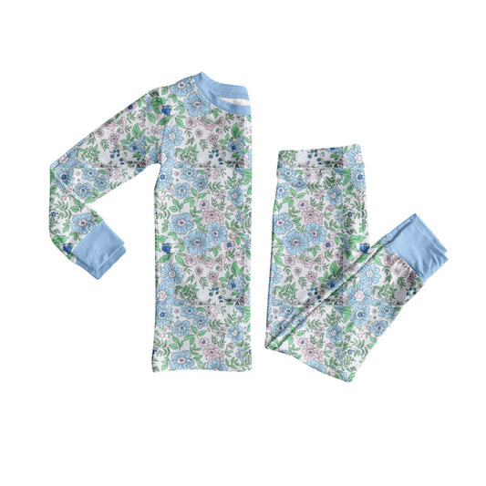 blue flowers girl long sleeve pajamas set