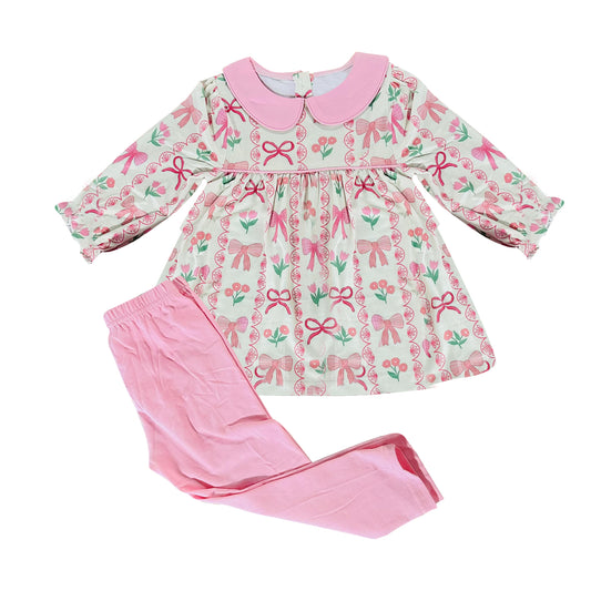 pink bows flowers girl long sleeve set