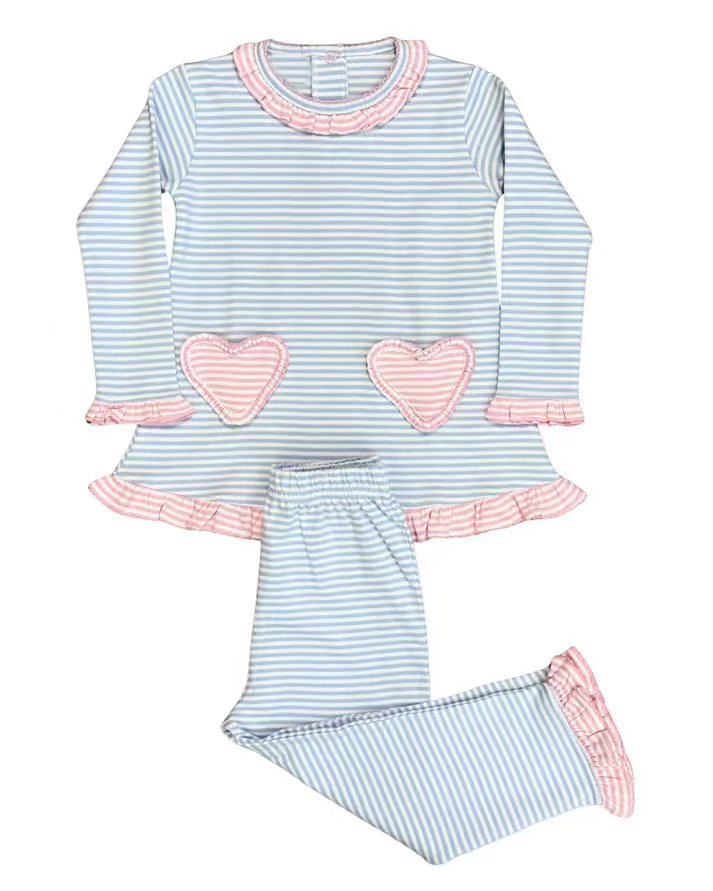 blue stripe pink stripe heart pocket girl long sleeve set