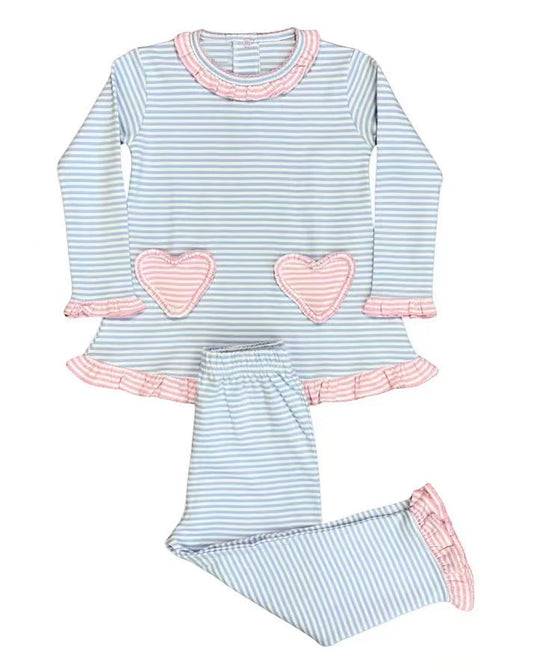 blue stripe pink stripe heart pocket girl long sleeve set