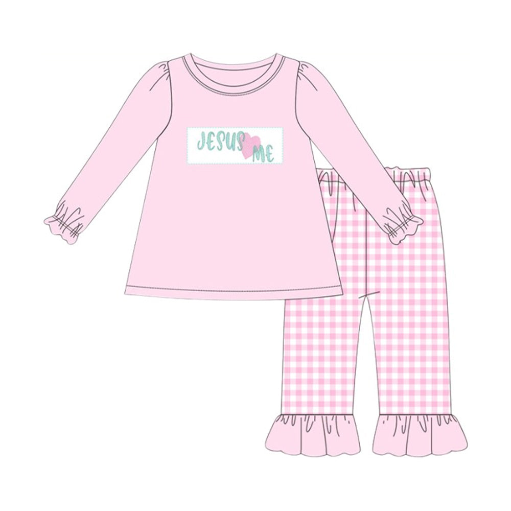 pink plaid jesus love me print girl long sleeve set