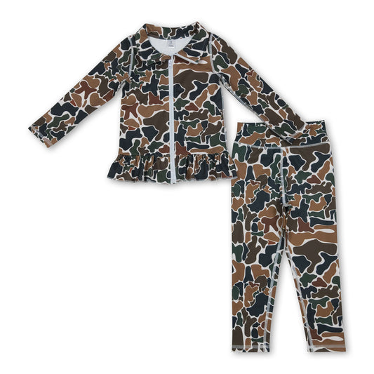 Long sleeves brown camo ruffle top leggings girls yoga set