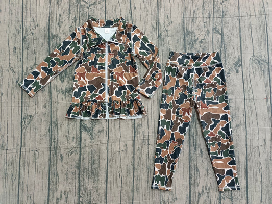 Long sleeves brown camo ruffle top leggings girls yoga set