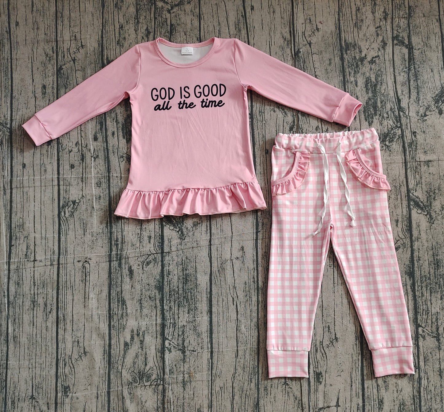 God is good all the time top pink plaid pants girls clothing set