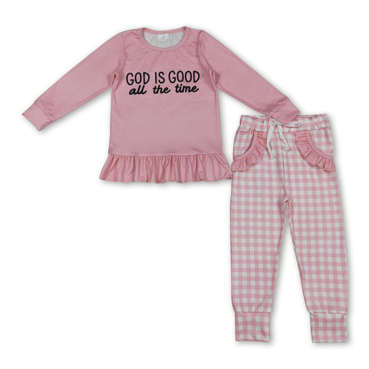 God is good all the time top pink plaid pants girls clothing set
