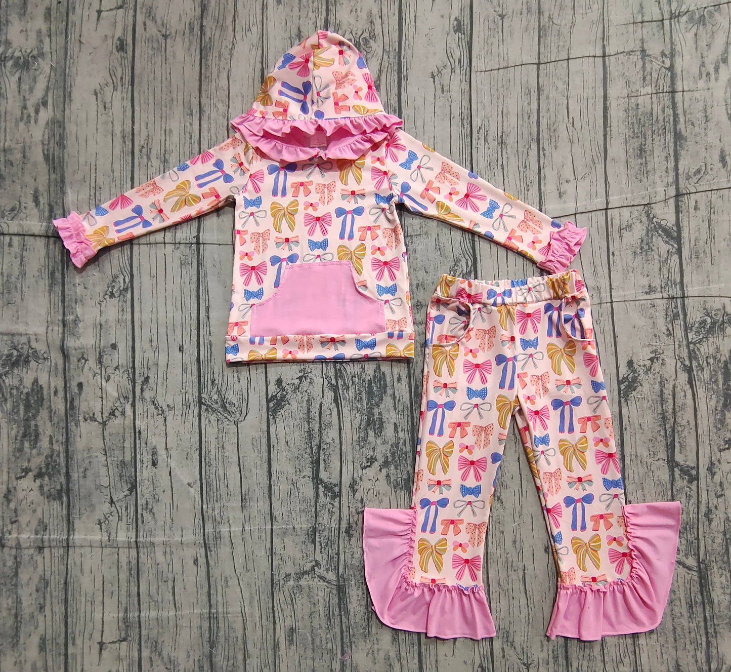 Pink pocket ruffle colorful bow hoodie pants girls clothes