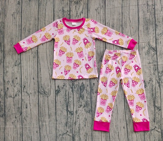 Heart fries long sleeves top pants kids girls Valentine's pajamas