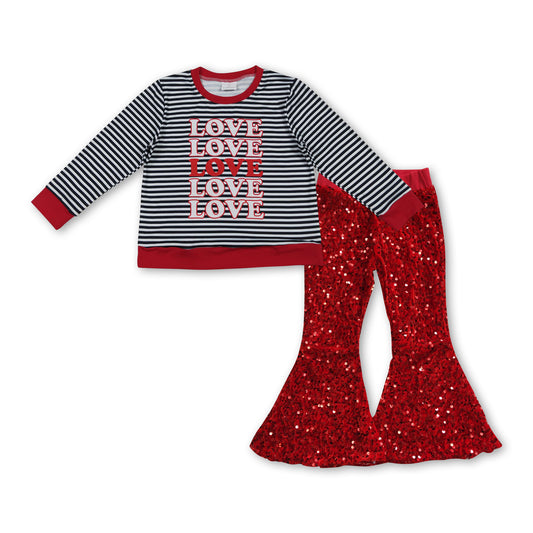 Love top red velvet sequin pants baby girls valentine's clothes