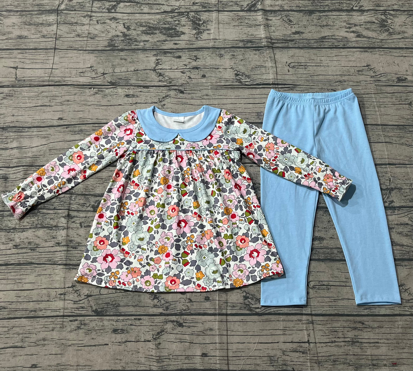 Long sleeves floral tunic light blue leggings girls outfits