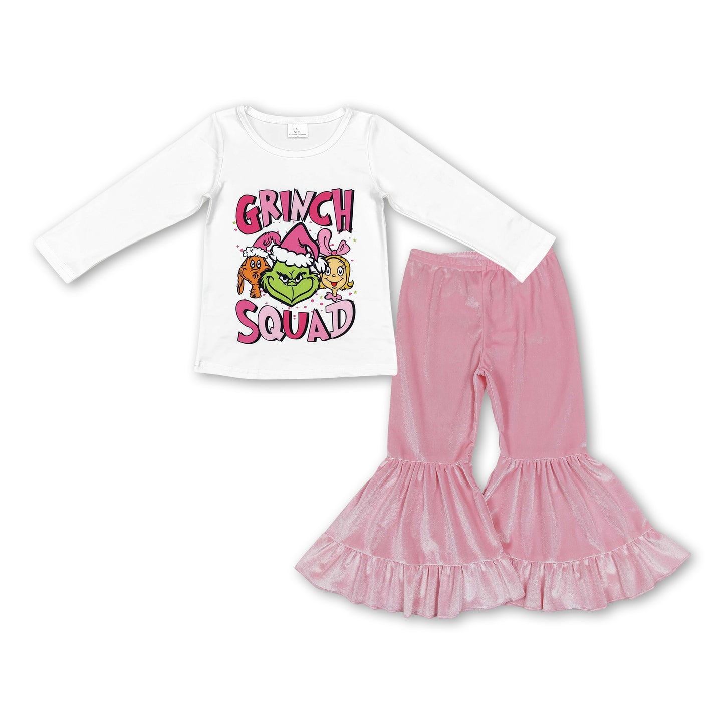 White green face top pink velvet pants girls Christmas outfits