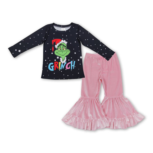 Black green face top pink velvet pants girls Christmas outfits