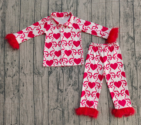 Red fur sleeves heart bow girls Valentine's pajamas