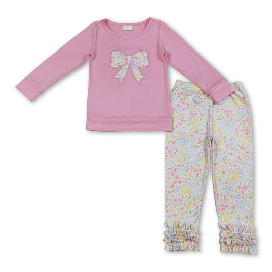 Pink long sleeves floral bow top leggings girls clothing set
