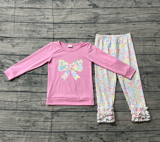 Pink long sleeves floral bow top leggings girls clothing set