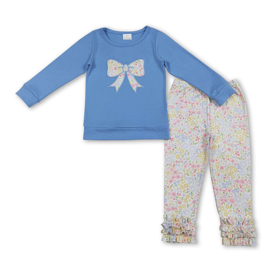 Blue long sleeves floral bow top leggings girls clothing set