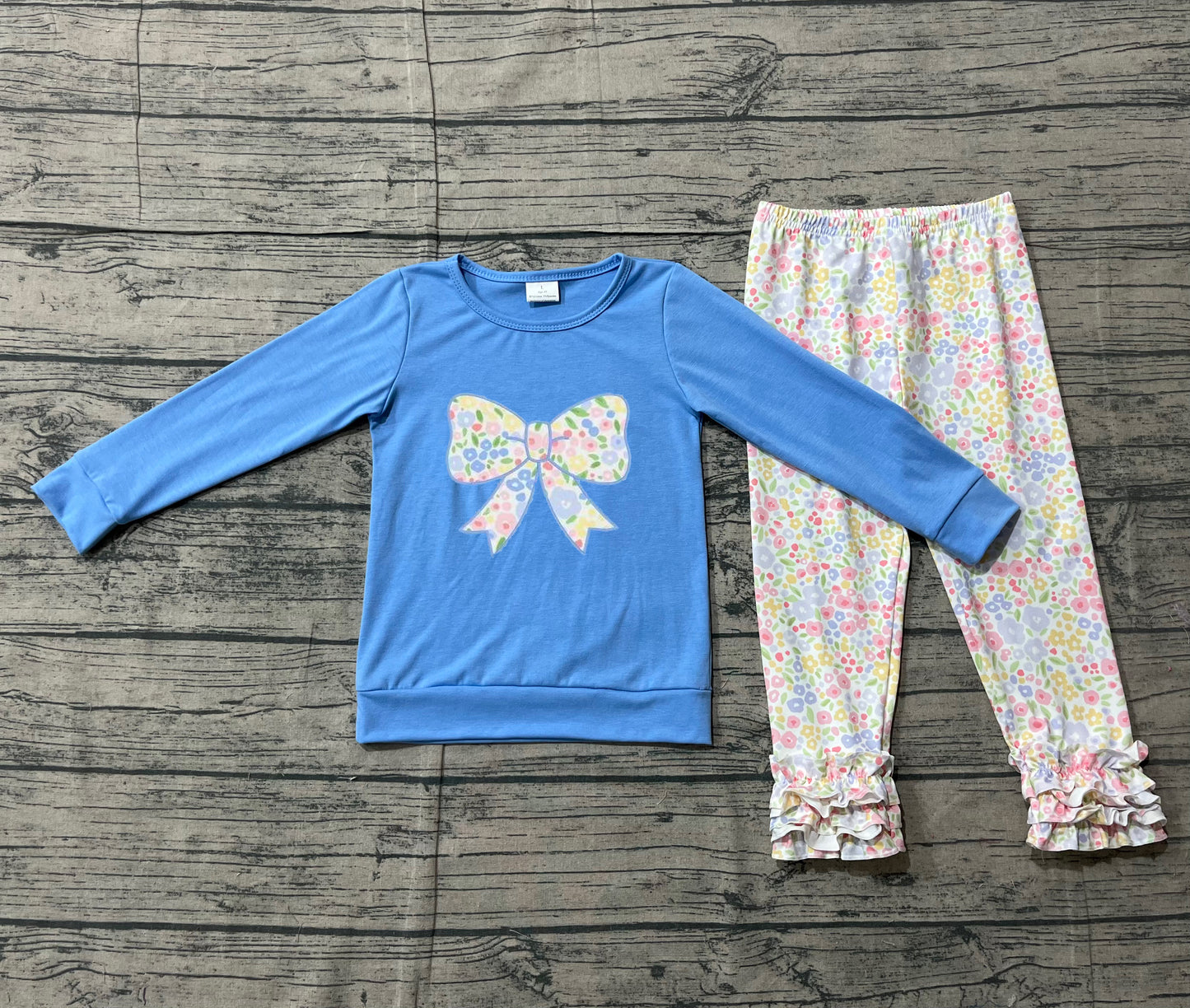 Blue long sleeves floral bow top leggings girls clothing set