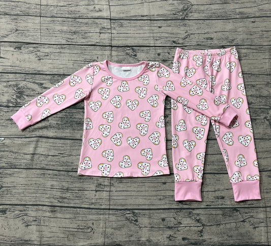 Long sleeves pink heart donuts kids girls Valentine's pajamas