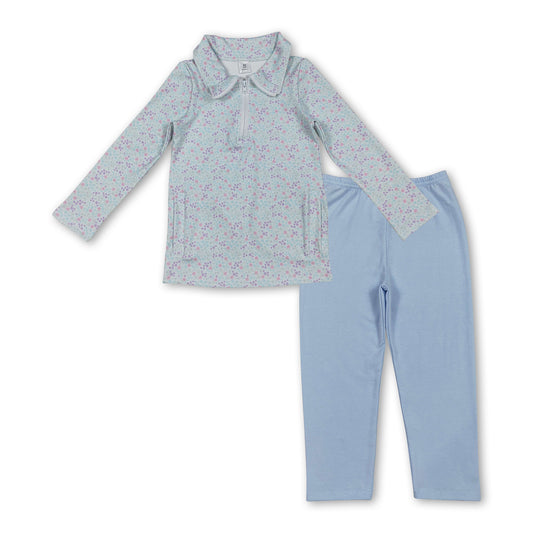 Long sleeves floral active pullover cotton leggings girls set