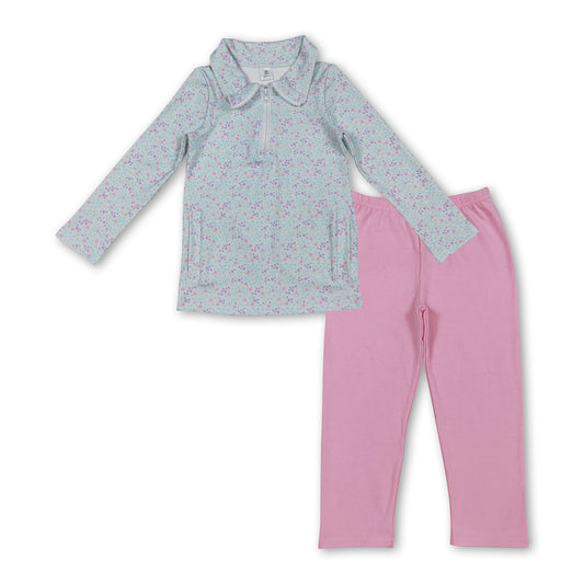 Long sleeves floral active pullover pink cotton leggings girls set