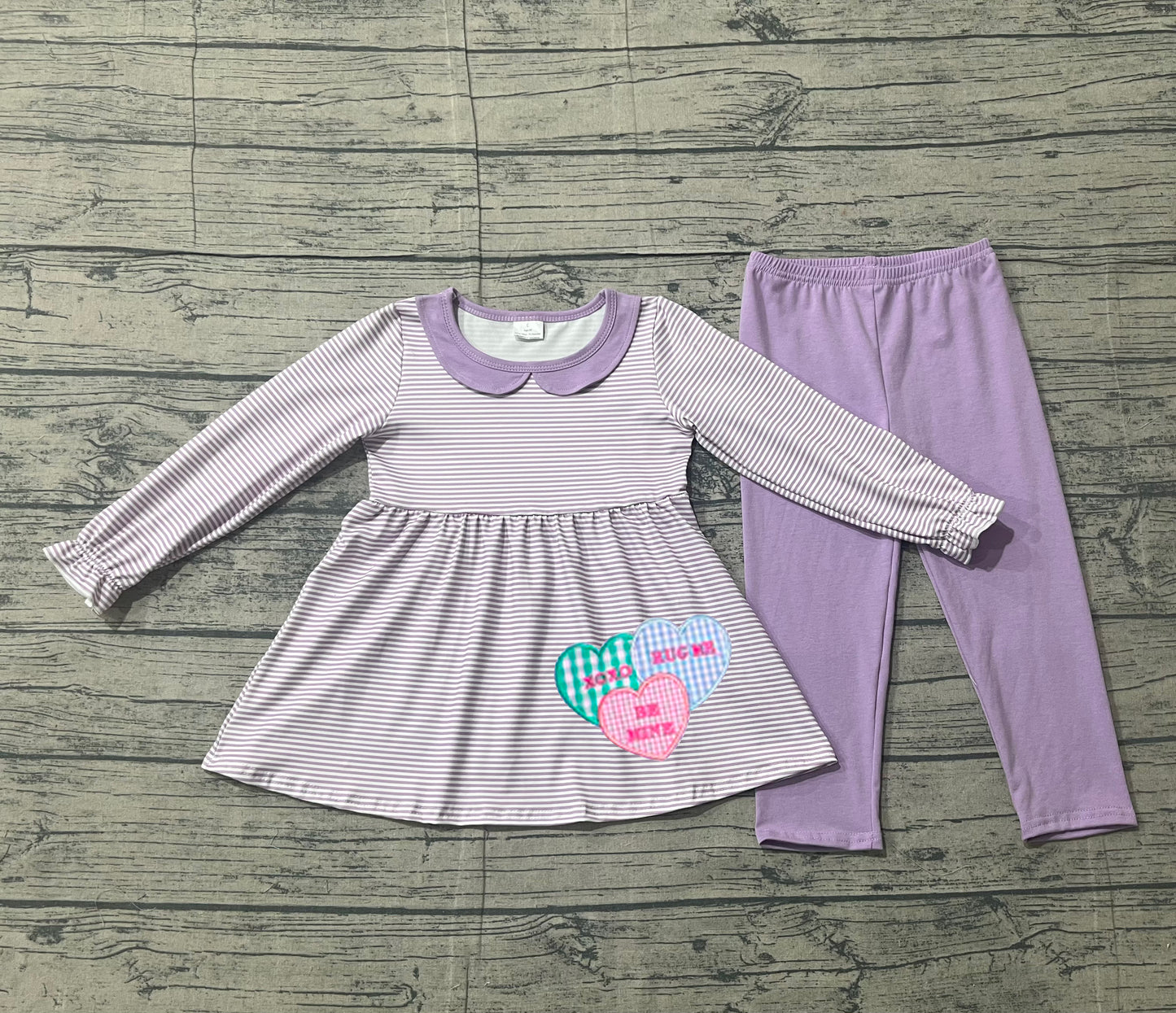 Stripe heart embroidery lavender tunic girls Valentine's outfits